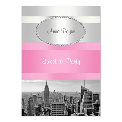 NYC Skyline BW 05 White, Pink Sweet 16 Party Custom Invitations