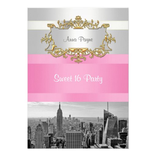 NYC Skyline BW 05 White, Pink Sweet 16 Party Custom Invitations