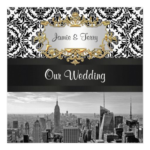 NYC Skyline BW 431 Damask Wedding Invitation