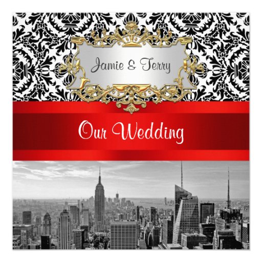 NYC Skyline BW 432 Damask Wedding Invitation