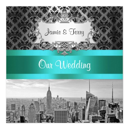 NYC Skyline BW B3 Damask Wedding Invitation F2