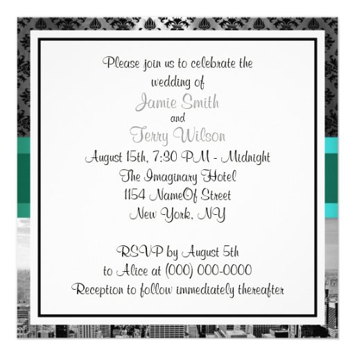 NYC Skyline BW B3 Damask Wedding Invitation F2