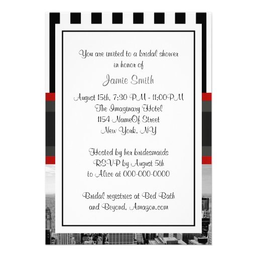 NYC Skyline BW Black White Stripe 2 Bridal Shower Custom Invitations