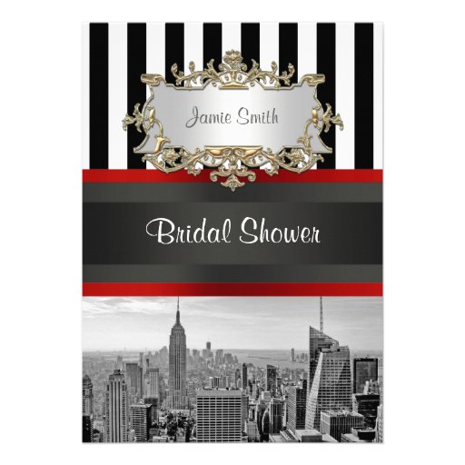 NYC Skyline BW Black White Stripe 2 Bridal Shower Custom Invitations
