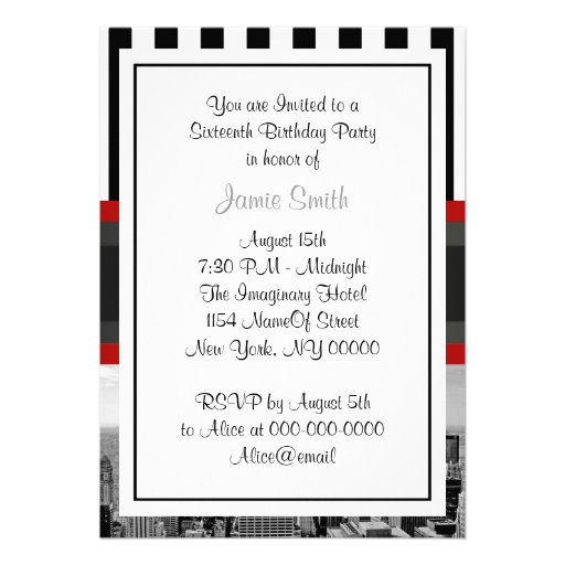 NYC Skyline BW Black White Stripe 2P Sweet 16 Personalized Invitation