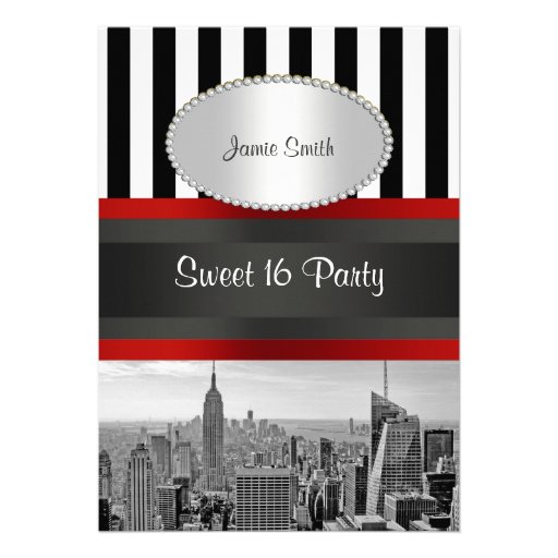 NYC Skyline BW Black White Stripe 2P Sweet 16 Personalized Invitation