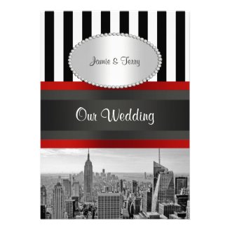 NYC Skyline BW Black White Stripe 2P Wedding Personalized Invites