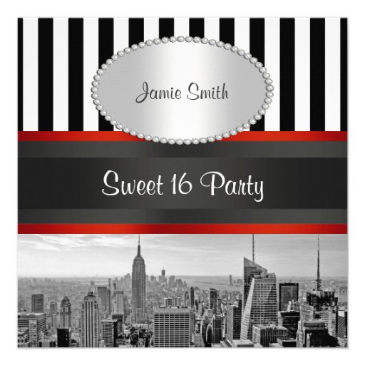 NYC Skyline BW Black White Stripe P Sweet 16 Party Personalized Invitations