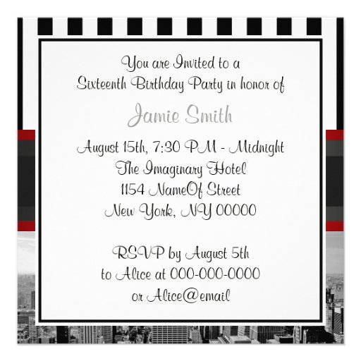 NYC Skyline BW Black White Stripe P Sweet 16 Party Personalized Invitations