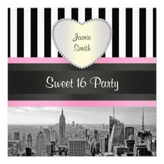 NYC Skyline BW Blk Wht Strp Pink H Sweet 16 Party Invite