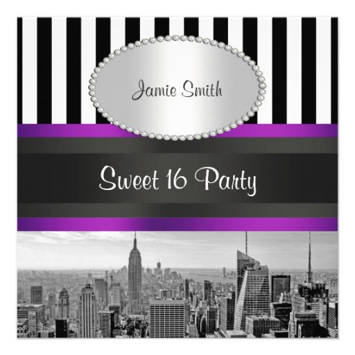 NYC Skyline BW Blk Wht Strp Purpl P Sweet 16 Party Invitations