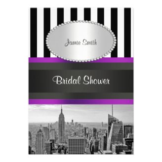 NYC Skyline BW Blk Wht Strp Purple P Bridal Shower Personalized Invitations
