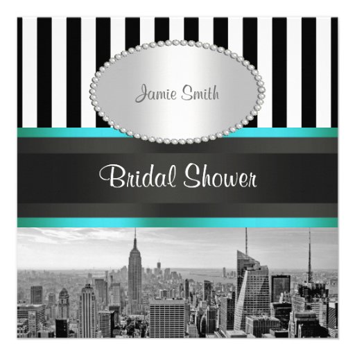 NYC Skyline BW Blk Wht Strp Teal P Bridal Shower Custom Invite
