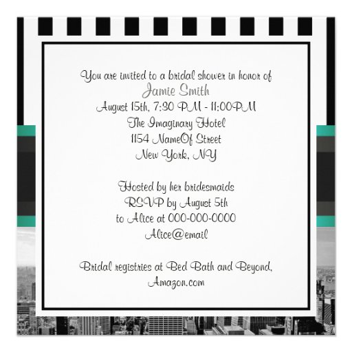 NYC Skyline BW Blk Wht Strp Teal P Bridal Shower Custom Invite