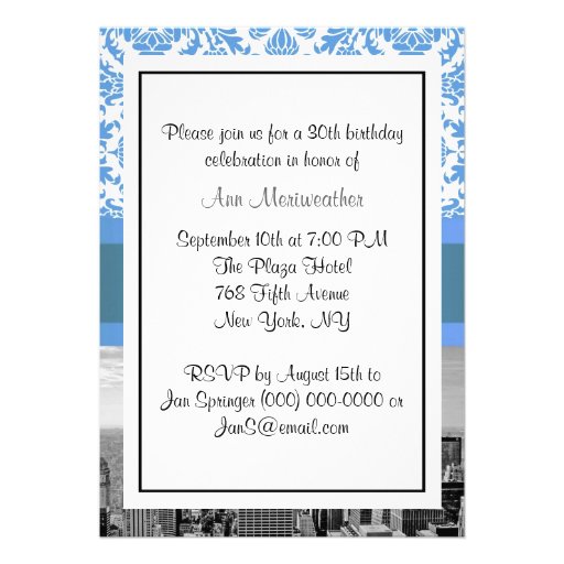 NYC Skyline BW D4 Damask Birthday Party V Invitations