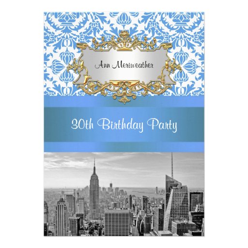NYC Skyline BW D4 Damask Birthday Party V Invitations