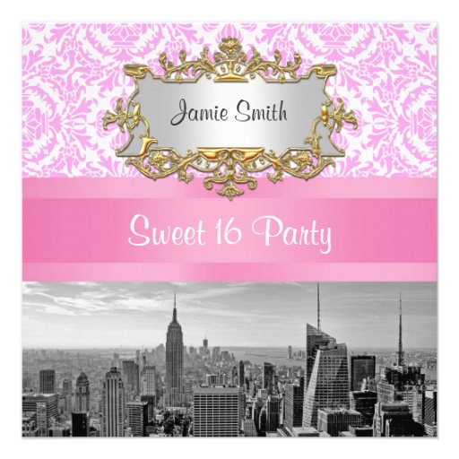 NYC Skyline BW D4P Pink Damask Sweet 16 Party Custom Invitations