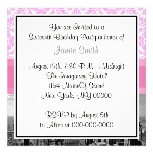 NYC Skyline BW D4P Pink Damask Sweet 16 Party Custom Invitations