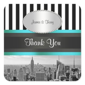 NYC Skyline BW ESB Blk Wht Strp Teal P Favor Tags Sticker