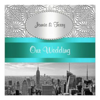 NYC Skyline BW Silver White Damask Wedding Personalized Invitations