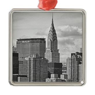 NYC Skyline: Chrysler Building, Met Life BW Christmas Tree Ornament