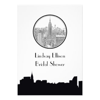 NYC Skyline ESB Round Etched 01S Bridal Shower Custom Announcements