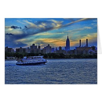 NYC Skyline: ESB, Smokestacks & Boat, Twilight Sky Greeting Cards