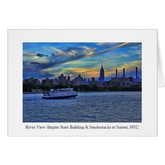 NYC Skyline: ESB, Smokestacks & Boat, Twilight Sky Card