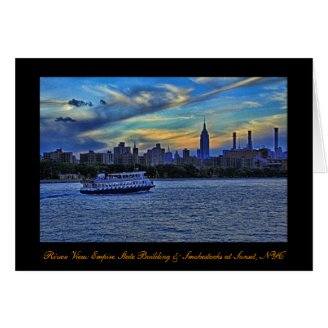 NYC Skyline: ESB, Smokestacks & Boat, Twilight Sky Card