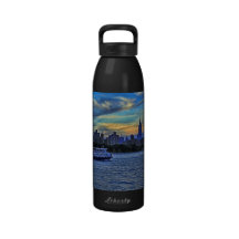 NYC Skyline: ESB, Smokestacks & Boat, Twilight Sky Drinking Bottle