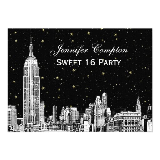NYC Skyline Etch Starry DIY BG Color SQ Sweet 16 H Invites