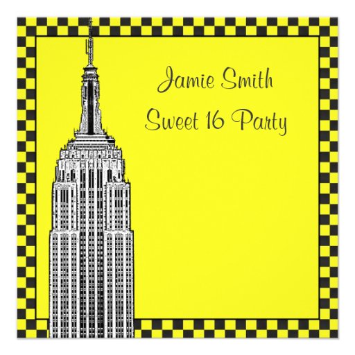 NYC Skyline Etched ESB Checkered Taxi 2 Sweet 16 Invitations