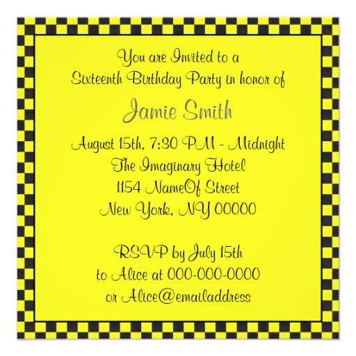 NYC Skyline Etched ESB Checkered Taxi 2 Sweet 16 Invitations