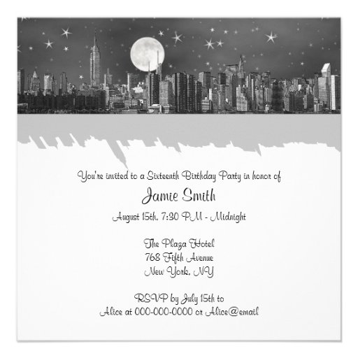 NYC Skyline Etched Look Moon Black 2 Sweet 16 SQ Invites