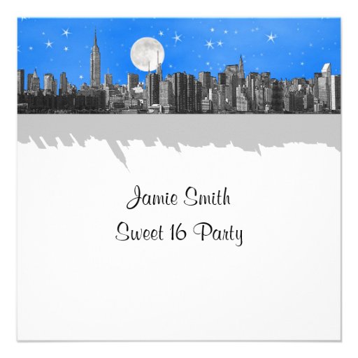 NYC Skyline Etched Look Moon Lt Blue 2 Sweet 16 SQ Announcement