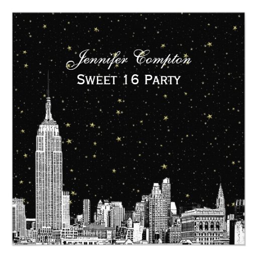NYC Skyline Etched Starry DIY BG Color SQ Sweet 16 Personalized Invitation (front side)