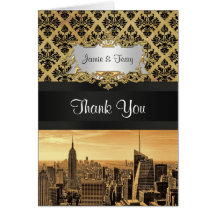 NYC Skyline Sepia B5 Blk Rib Damask Thank You Greeting Cards