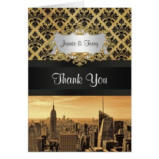 NYC Skyline Sepia B5 Blk Rib Damask Thank You Greeting Cards