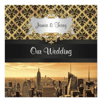 NYC Skyline Sepia B5 Blk Rib Damask Wedding Invite