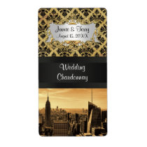 NYC Skyline Sepia B5 Blk Rib Damask Wine Label