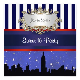 NYC Skyline Sil Blue Sky2 Blue Wht Stripe Sweet 16 Personalized Invite