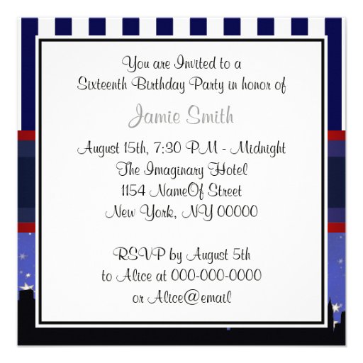 NYC Skyline Sil Blue Sky2 Blue Wht Stripe Sweet 16 Personalized Invite