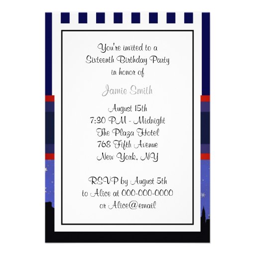 NYC Skyline Sil Blue Sky2 Blue Wht Strp Sweet 16 V Invitation