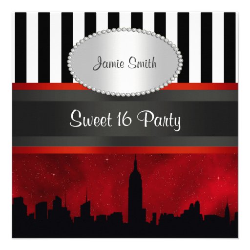 NYC Skyline Sil Red Sky Blk Wht Stripe P Sweet 16 Personalized Invitations