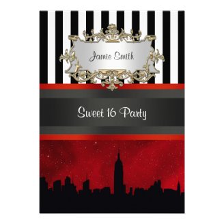 NYC Skyline Sil Red Sky Blk Wht Stripe Sweet 16 V Custom Invitation