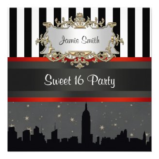 NYC Skyline Silhouette Blk Wht Stripe Sweet 16 Personalized Invite