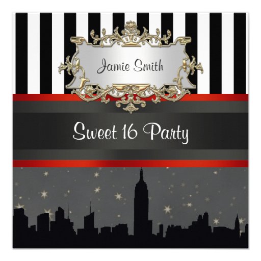 NYC Skyline Silhouette Blk Wht Stripe Sweet 16 Personalized Invite