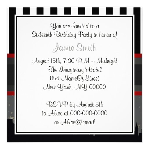 NYC Skyline Silhouette Blk Wht Stripe Sweet 16 Personalized Invite