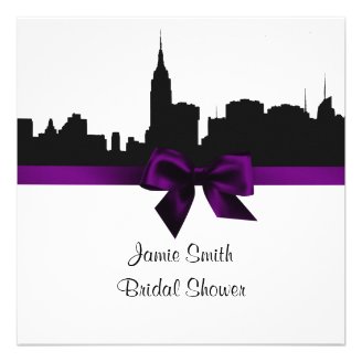 NYC Skyline Silhouette BW Purple Bridal Shower SQ Invite