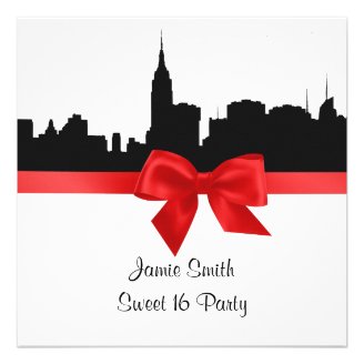 NYC Skyline Silhouette BW Red Sweet 16 SQ Custom Announcement